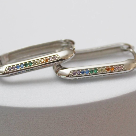 New Silver 925 Rectangle Earring with Very Small Multicolor Stones E30 - Picture 2 of 3